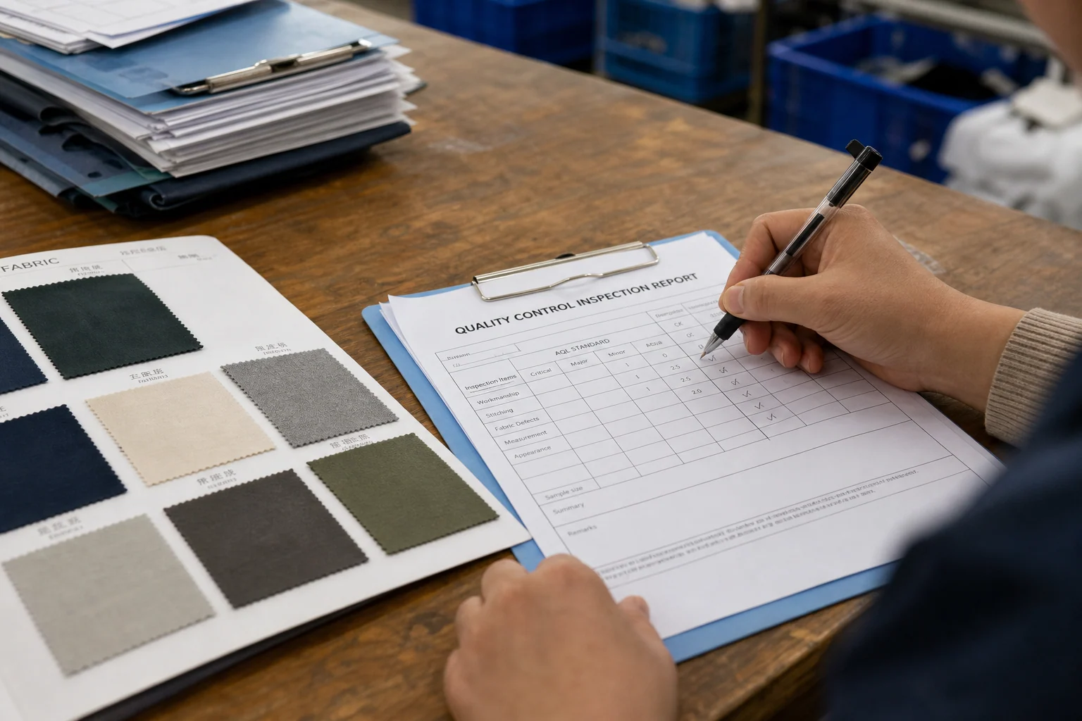 Compliance checklist and AQL inspection documents on a sourcing desk